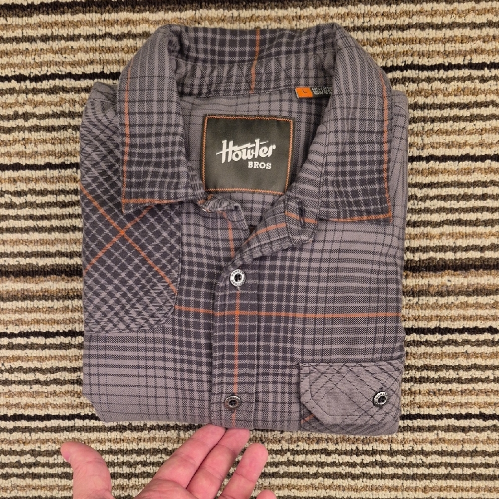 HOWLER BROS‎ Grey Orange Plaid Thick Cotton Flannel Mens Large Long Sleeve Shirt